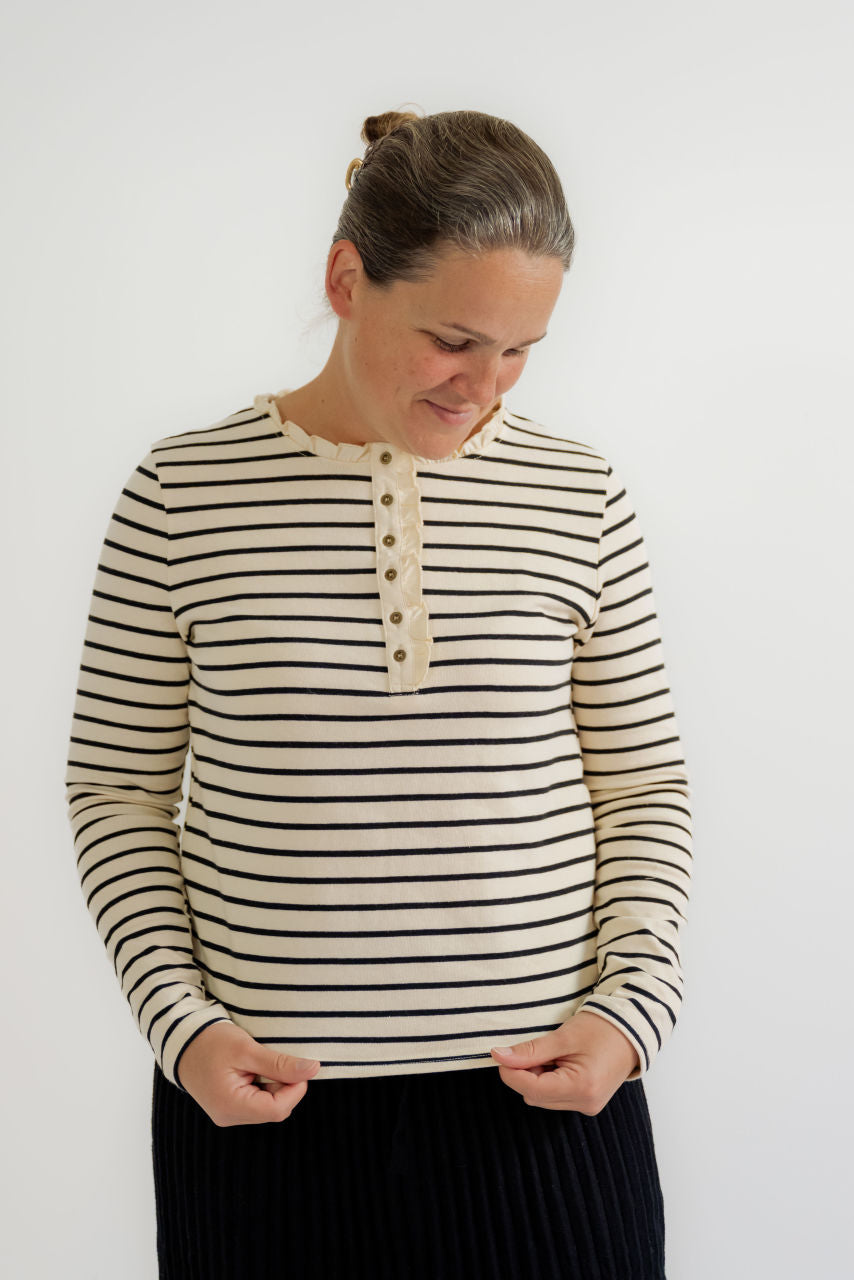 Whitley Ruffle Top in Black Stripes - Whitley Ruffle Top in Black Stripes - S - Salt and Honey