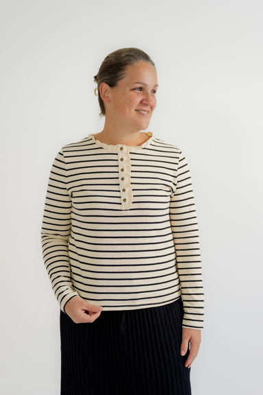 Whitley Ruffle Top in Black Stripes - Whitley Ruffle Top in Black Stripes - S - Salt and Honey