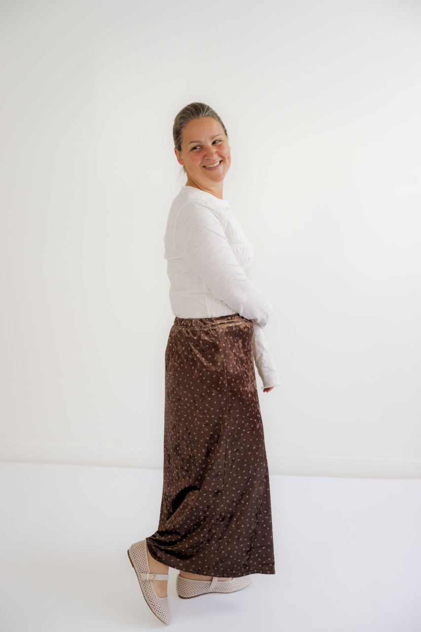 Vivienne Floral Midi Skirt in Velvet Brown - Vivienne Floral Midi Skirt in Velvet Brown - S - Salt and Honey