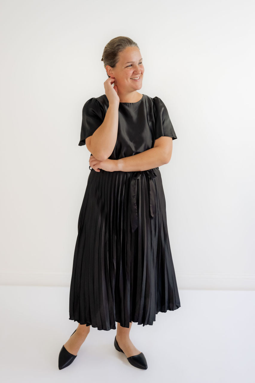 Ellison Satin Midi Dress in Black - Ellison Satin Midi Dress in Black - S - Salt and Honey