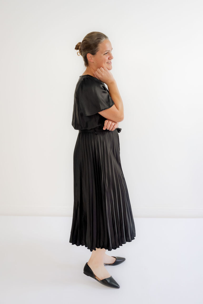 Ellison Satin Midi Dress in Black - Ellison Satin Midi Dress in Black - S - Salt and Honey