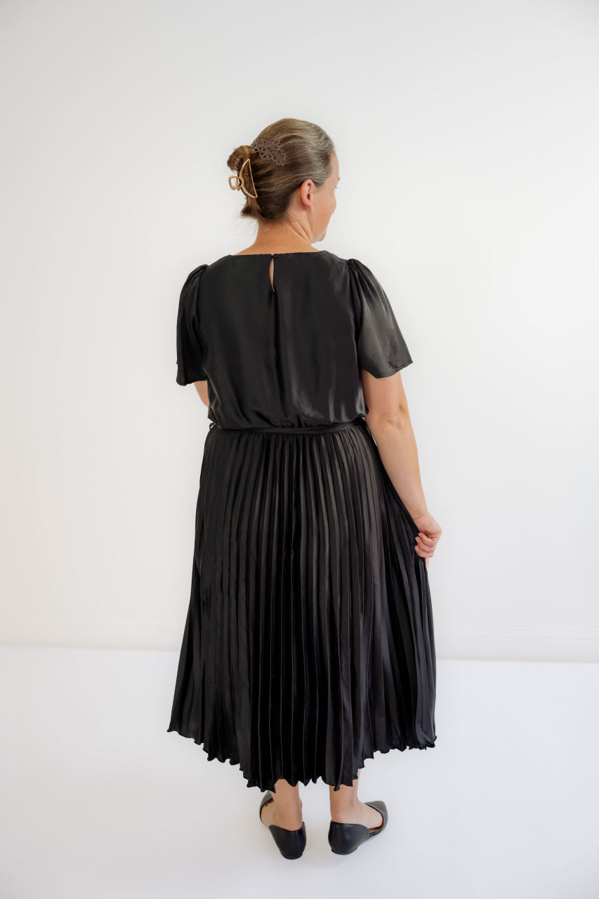 Ellison Satin Midi Dress in Black - Ellison Satin Midi Dress in Black - S - Salt and Honey