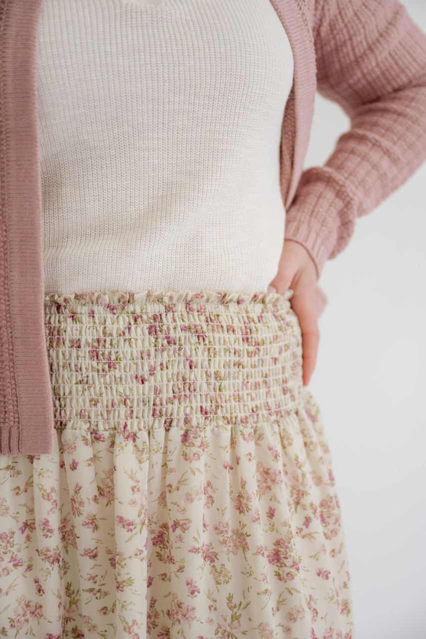 Evelina Floral Tiered Skirt in Taupe