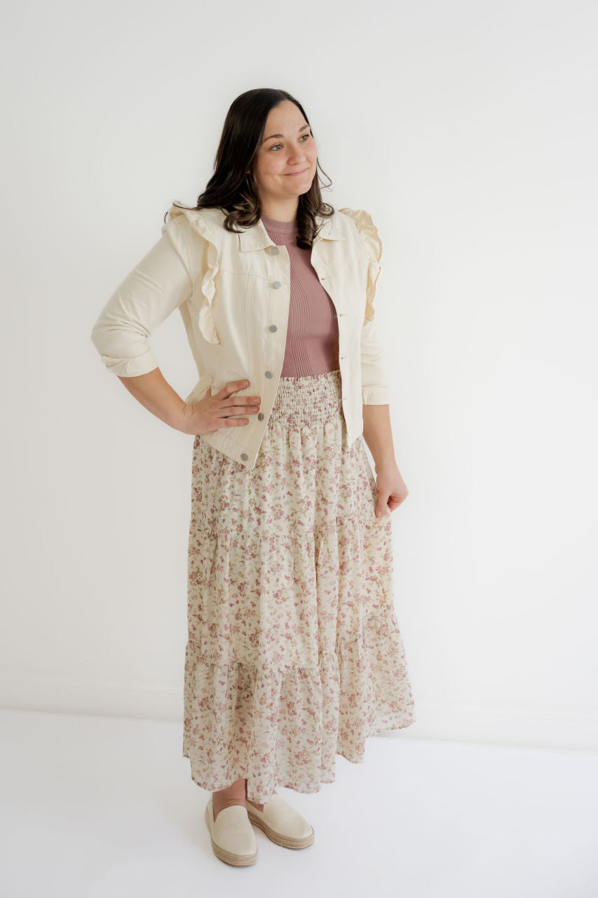 Evelina Floral Tiered Skirt in Taupe