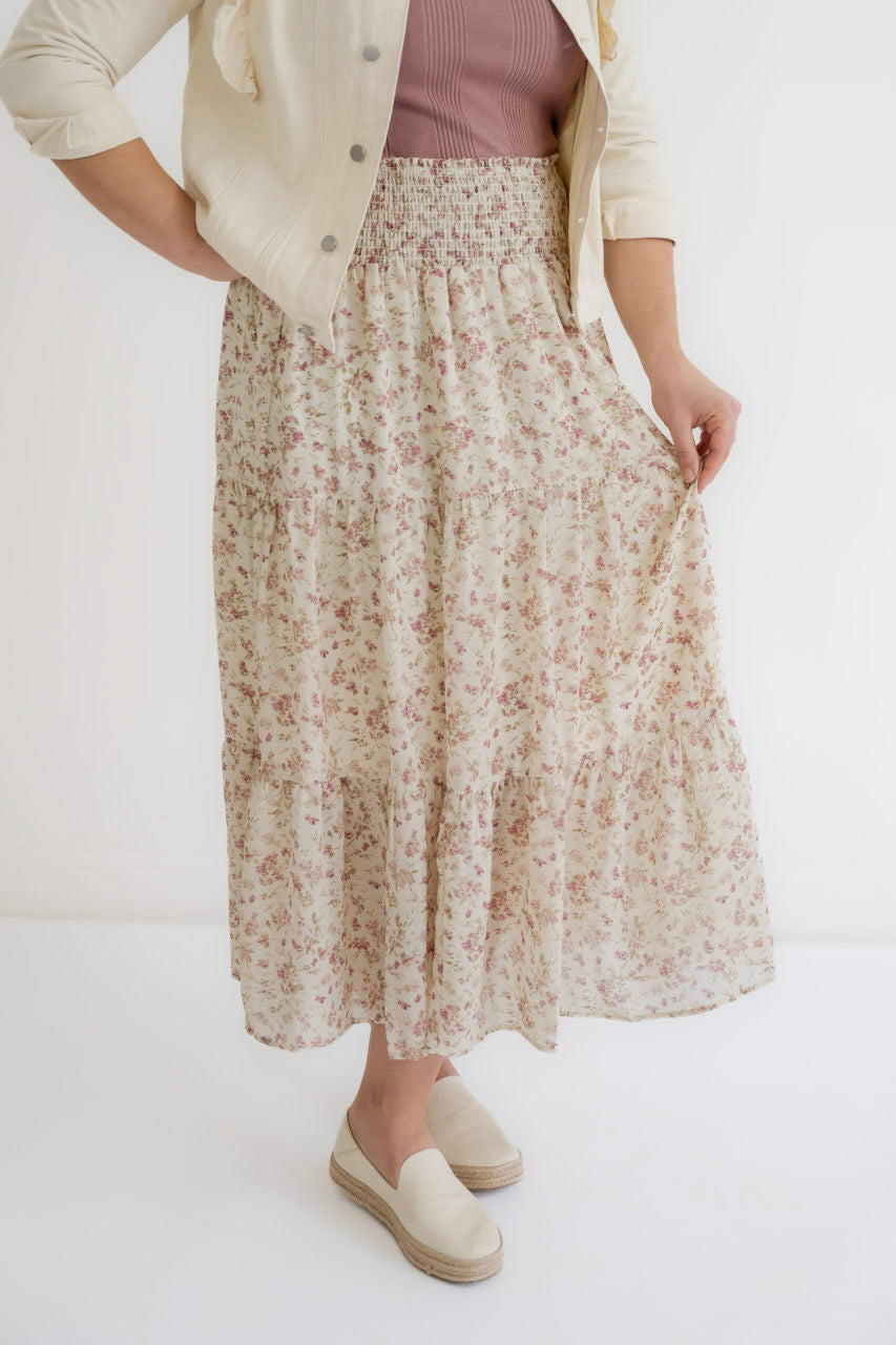 Evelina Floral Tiered Skirt in Taupe