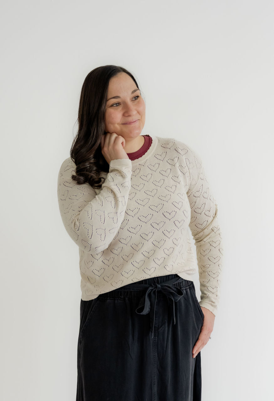 Cadence Heart Pointelle Sweater in Cream