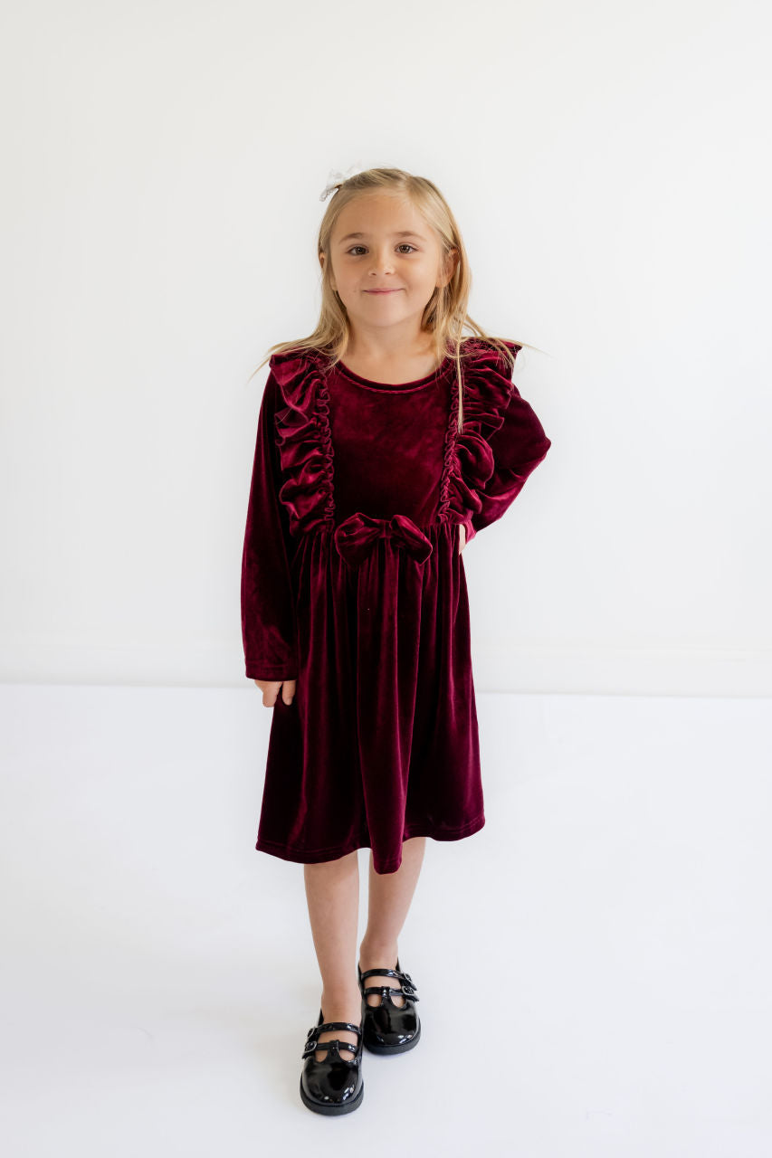 Norah Velvet Bow Girls Dress - Norah Velvet Bow Girls Dress - 3/4 T / Burgundy - Salt and Honey