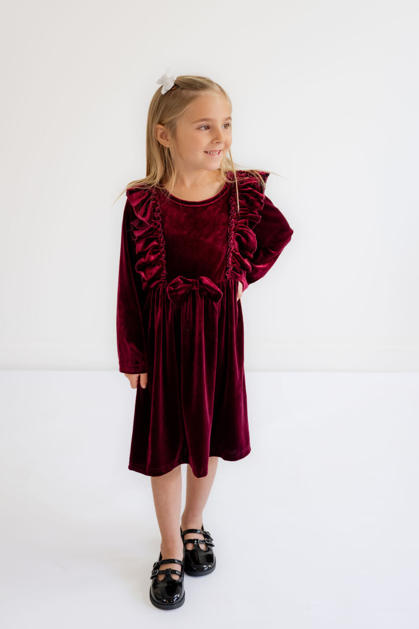 Norah Velvet Bow Girls Dress - Norah Velvet Bow Girls Dress - 3/4 T / Burgundy - Salt and Honey