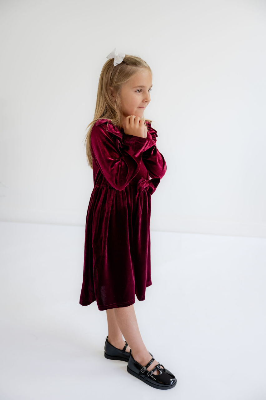 Norah Velvet Bow Girls Dress - Norah Velvet Bow Girls Dress - 3/4 T / Burgundy - Salt and Honey