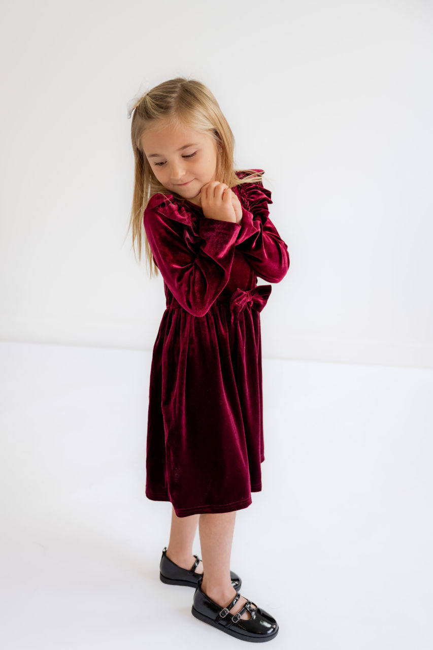Norah Velvet Bow Girls Dress - Norah Velvet Bow Girls Dress - 3/4 T / Burgundy - Salt and Honey