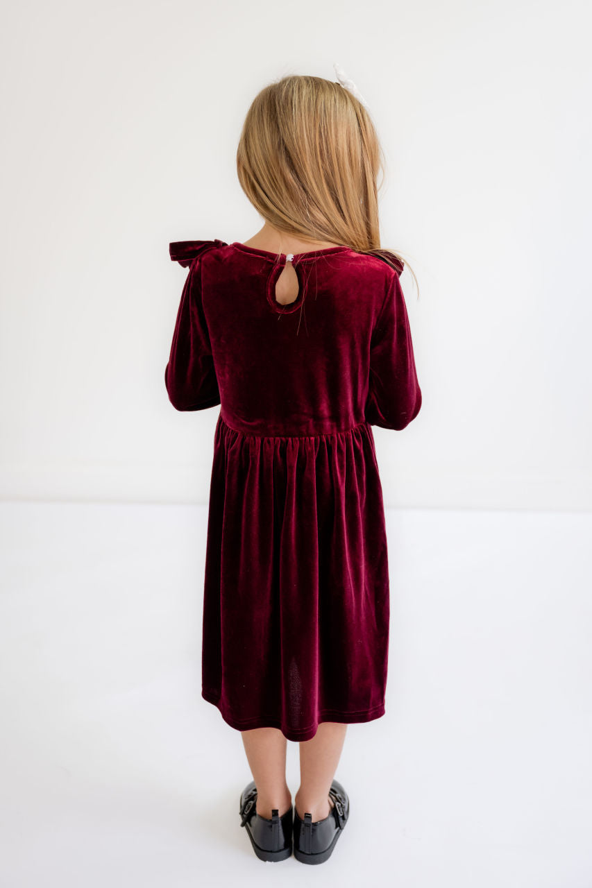 Norah Velvet Bow Girls Dress - Norah Velvet Bow Girls Dress - 3/4 T / Burgundy - Salt and Honey