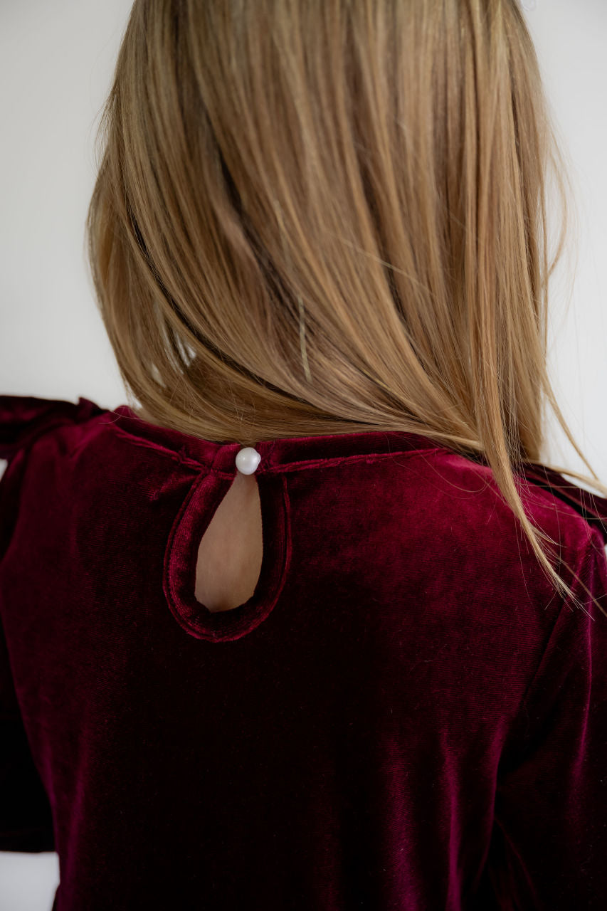 Norah Velvet Bow Girls Dress - Norah Velvet Bow Girls Dress - 3/4 T / Burgundy - Salt and Honey