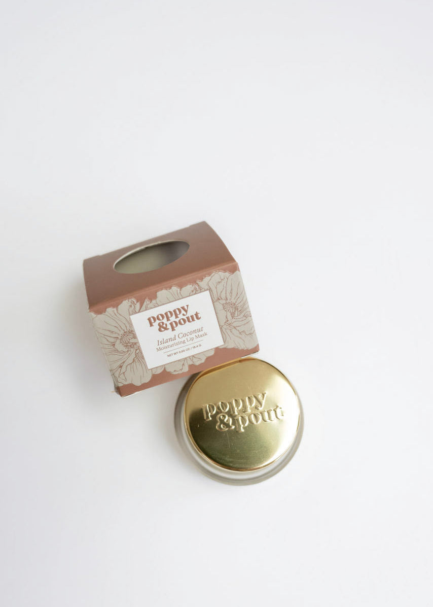 Gold container with 'Poppy & Pure' branding on a white background