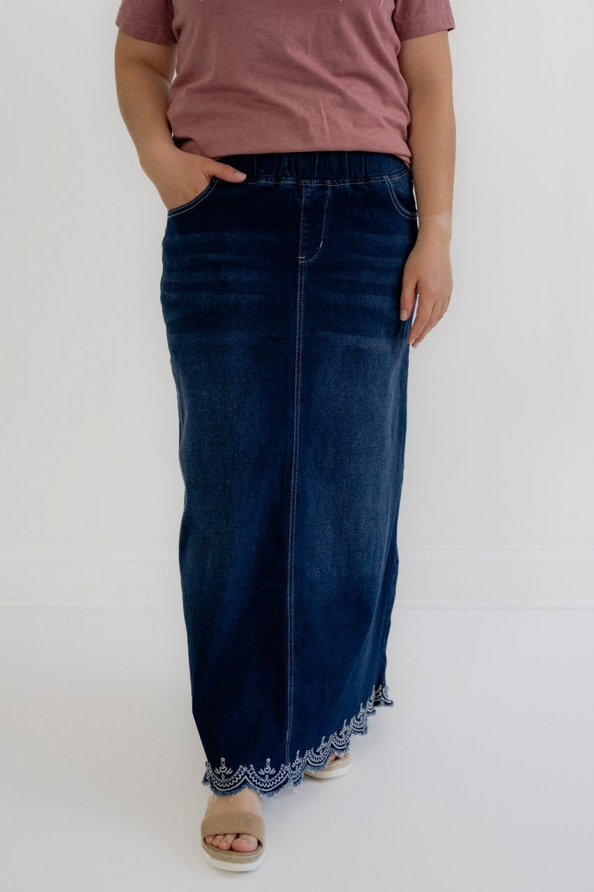 Kenzie Embroidered Dark Denim Skirt — Salt and Honey