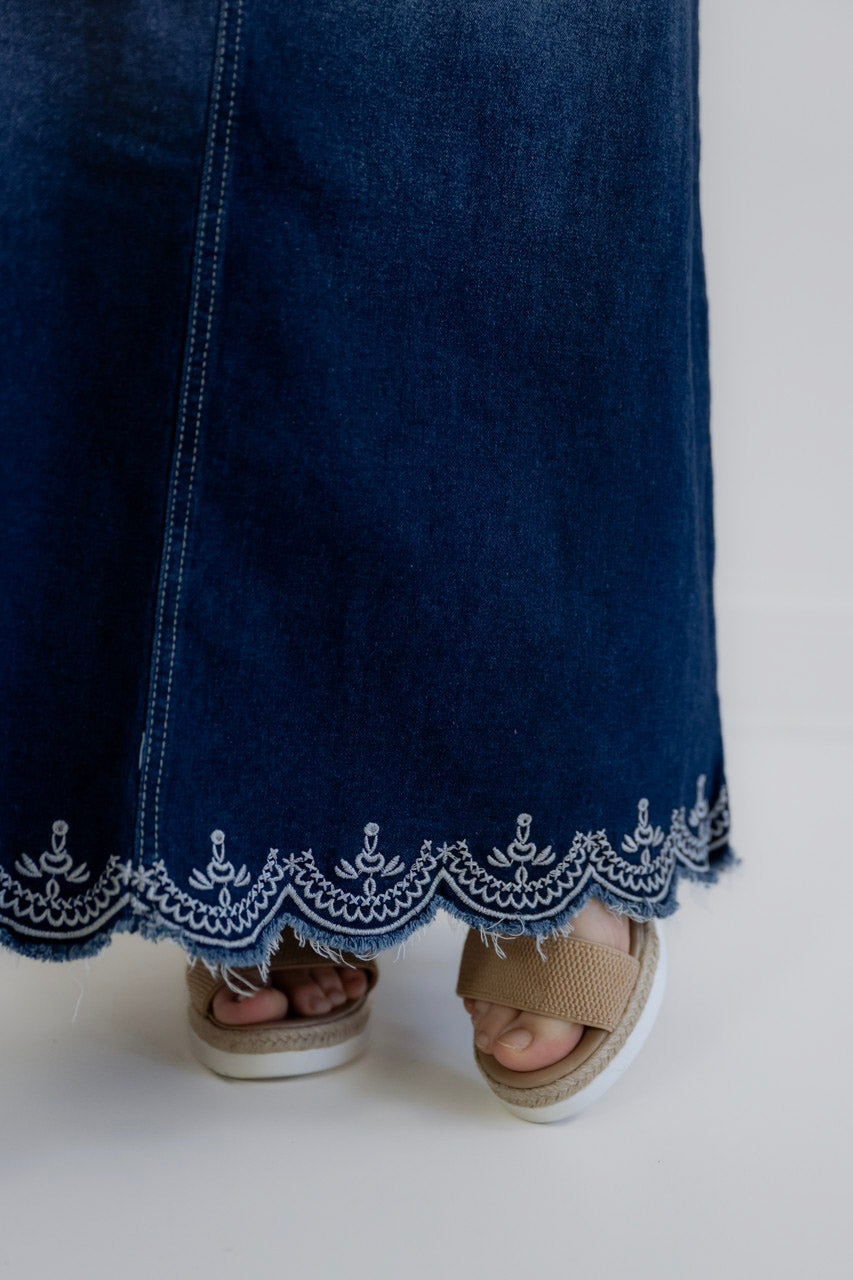 Kenzie Embroidered Dark Denim Skirt - Womens - Bottoms - Skirts
