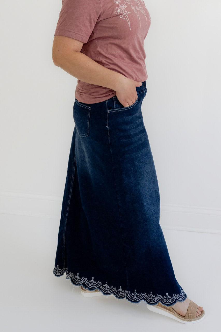 Kenzie Embroidered Dark Denim Skirt – Salt and Honey