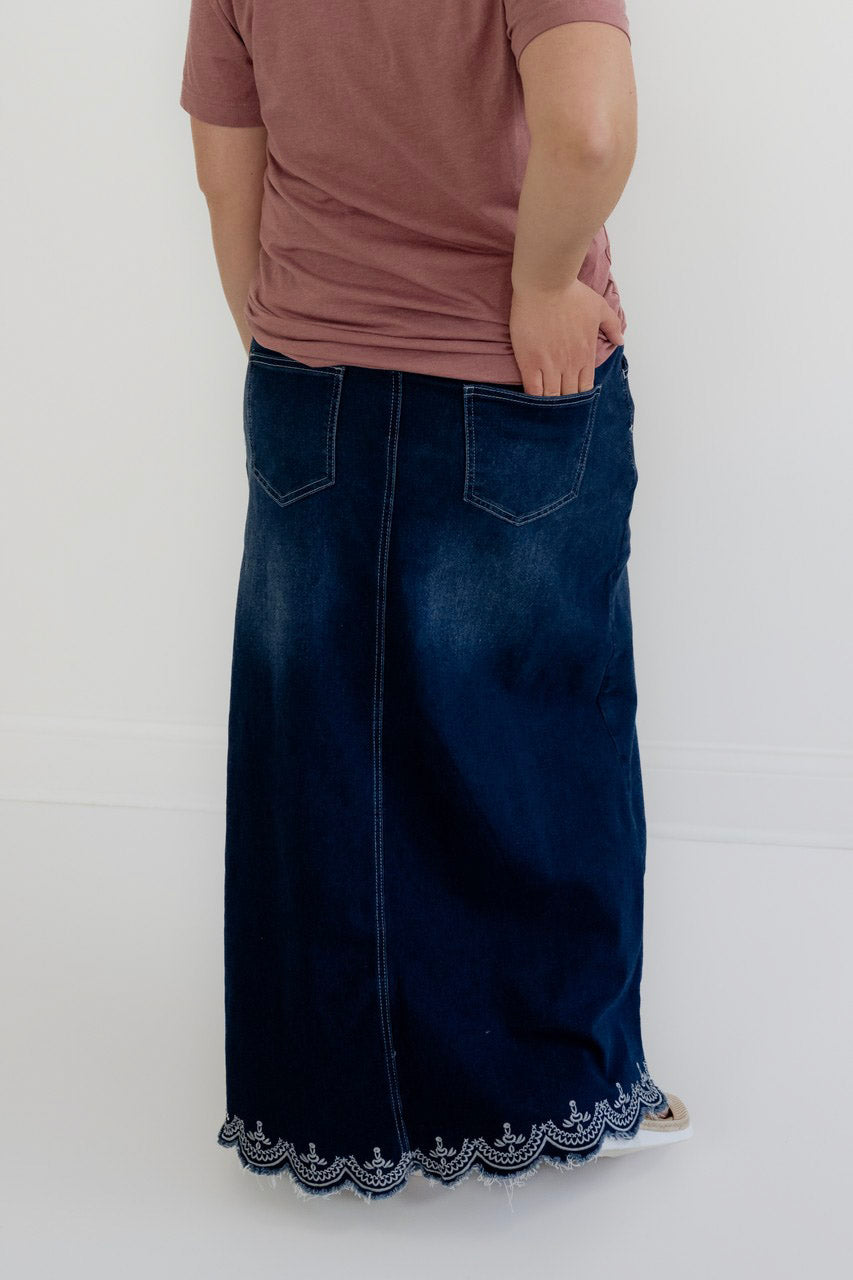 Kenzie Embroidered Dark Denim Skirt - Womens - Bottoms - Skirts