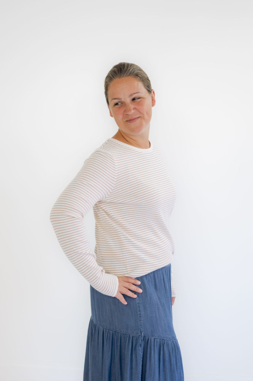 Birkley Pinstriped Sweater Top in Taupe - Birkley Pinstriped Sweater Top in Taupe - S - Salt and Honey