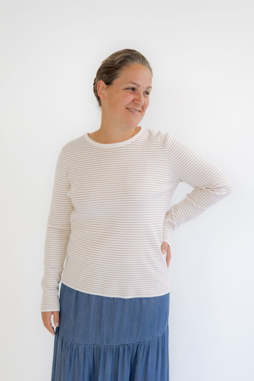 Birkley Pinstriped Sweater Top in Taupe - Birkley Pinstriped Sweater Top in Taupe - S - Salt and Honey