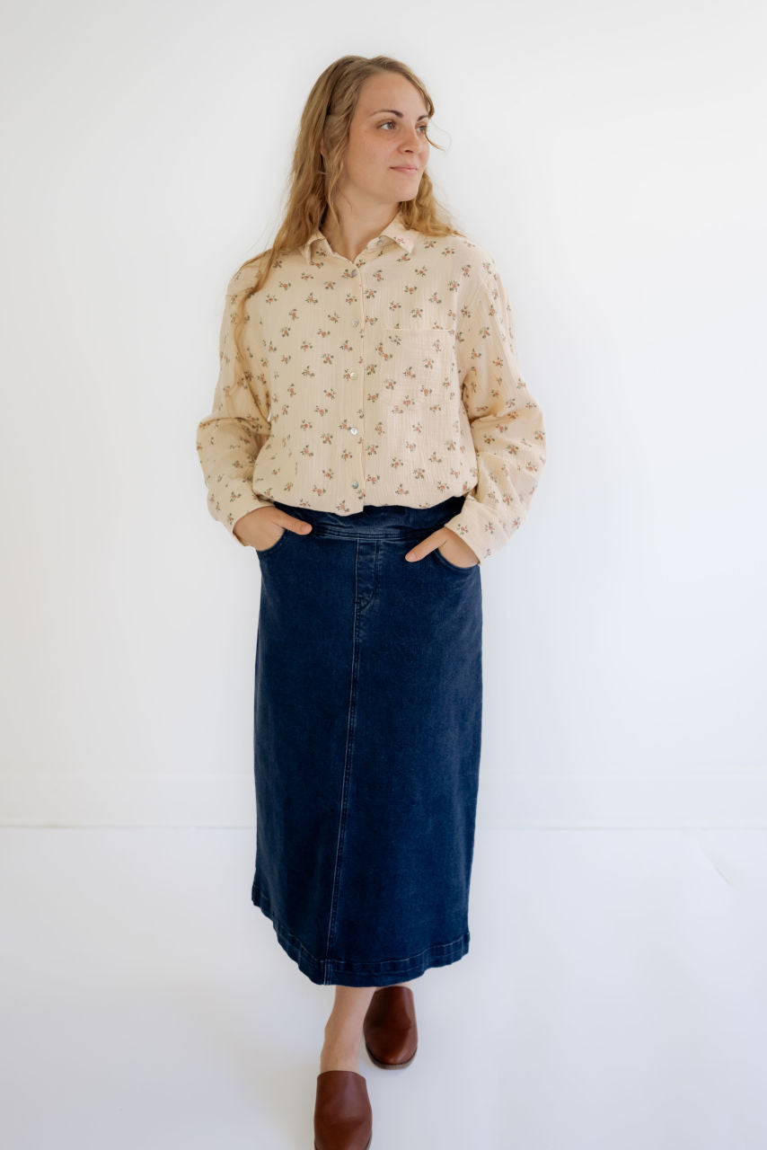 Margaret Denim Midi Skirt in Dark Wash