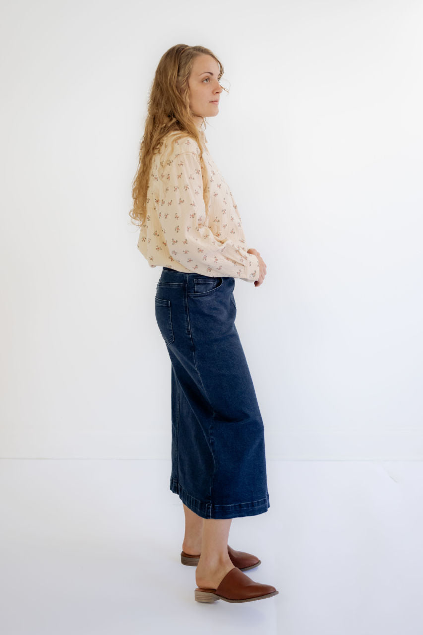 Margaret Denim Midi Skirt in Dark Wash