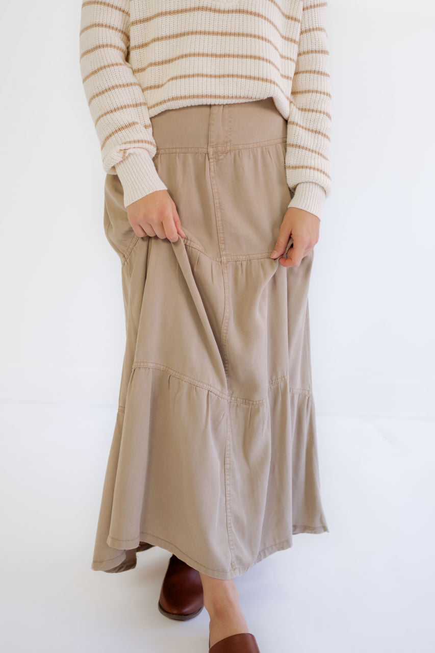 Johnston Tiered Tencel Maxi Skirt In Stone - FINAL SALE - Johnston Tiered Tencel Maxi Skirt In Stone - FINAL SALE - S - Salt and Honey