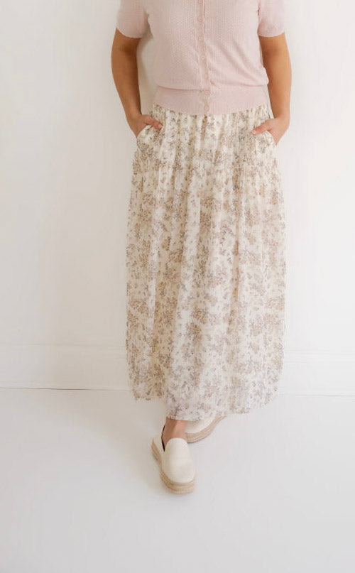 Amber Floral Midi Skirt in Cream