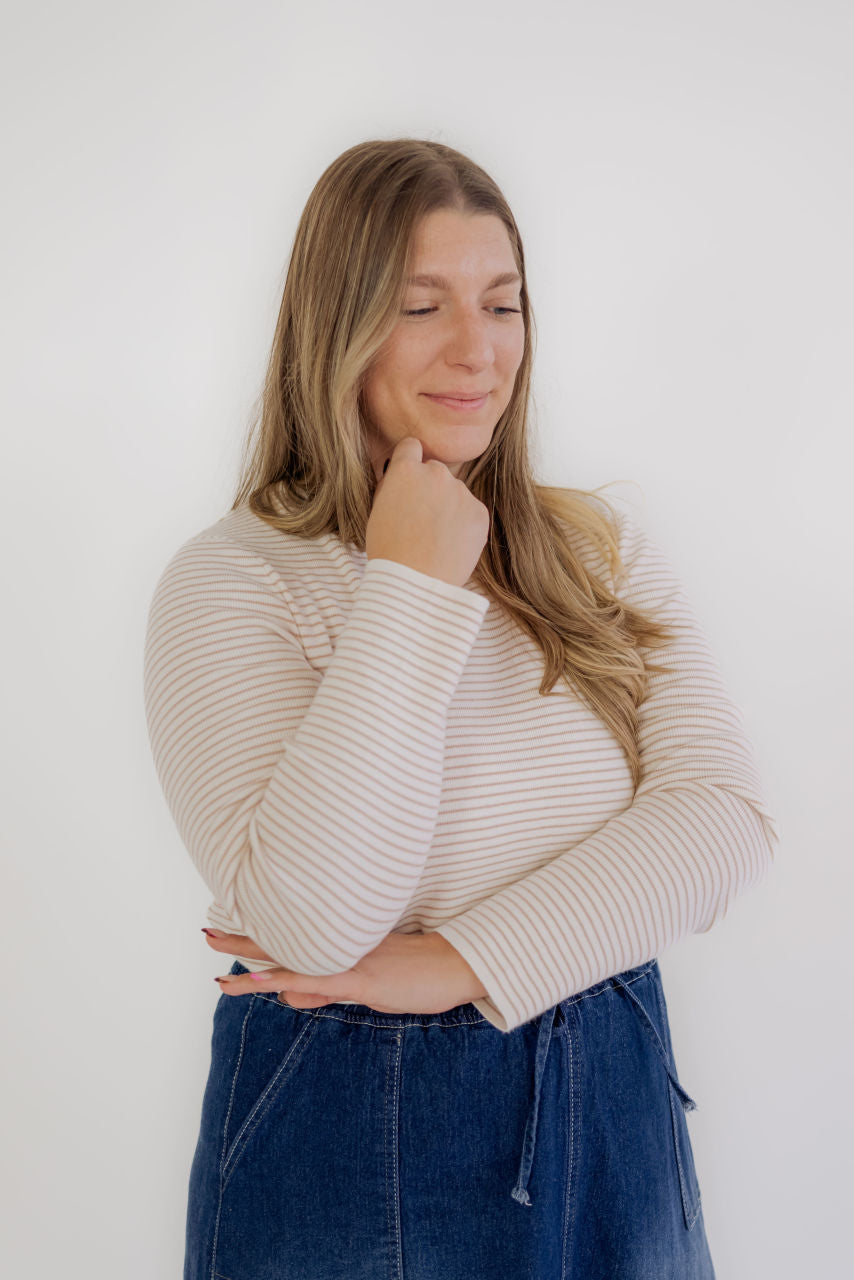 Birkley Pinstriped Sweater Top in Taupe - Birkley Pinstriped Sweater Top in Taupe - S - Salt and Honey