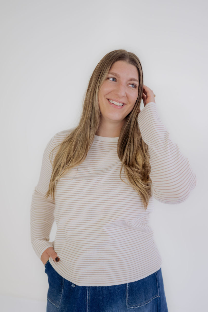 Birkley Pinstriped Sweater Top in Taupe - Birkley Pinstriped Sweater Top in Taupe - S - Salt and Honey