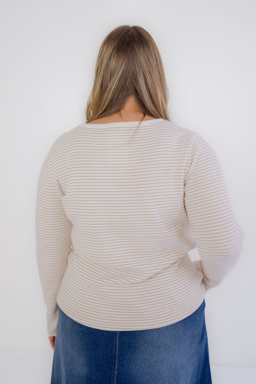 Birkley Pinstriped Sweater Top in Taupe - Birkley Pinstriped Sweater Top in Taupe - S - Salt and Honey