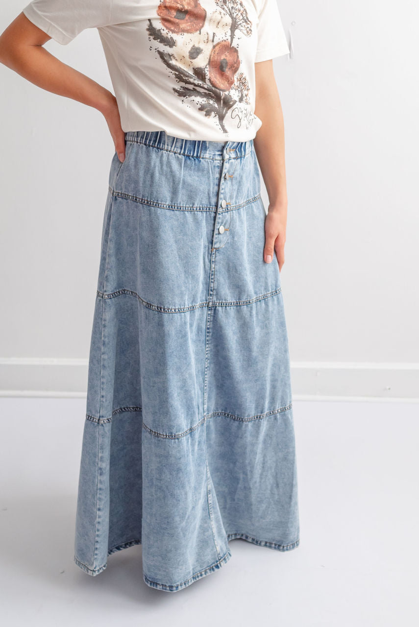 Verona Button Maxi Skirt in Medium Wash