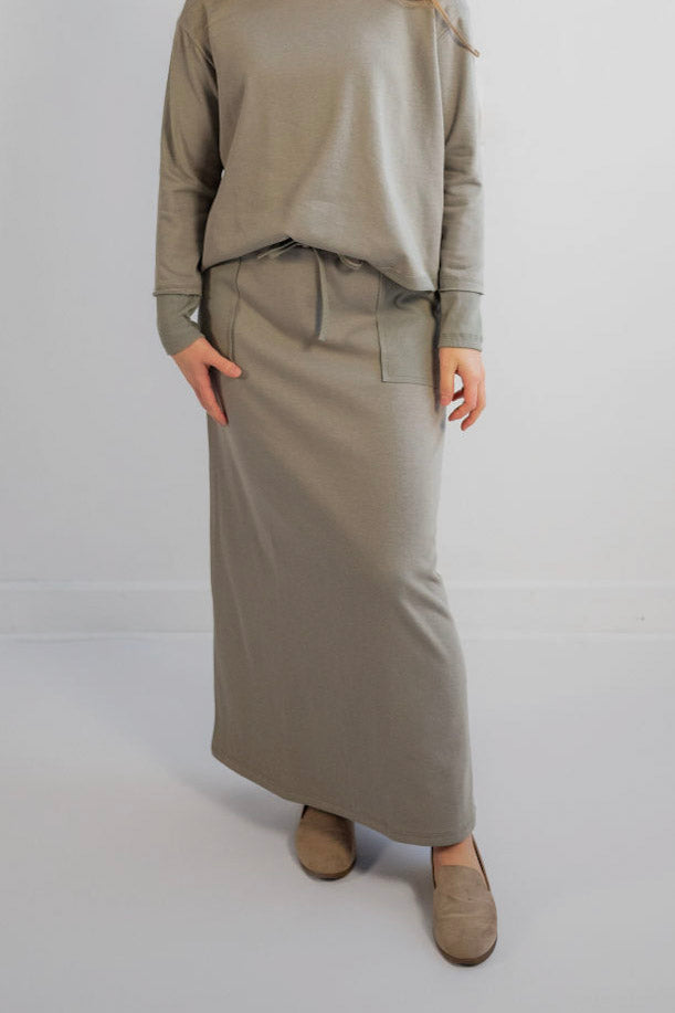 Ivy French Terry Maxi Skirt in Sage Green