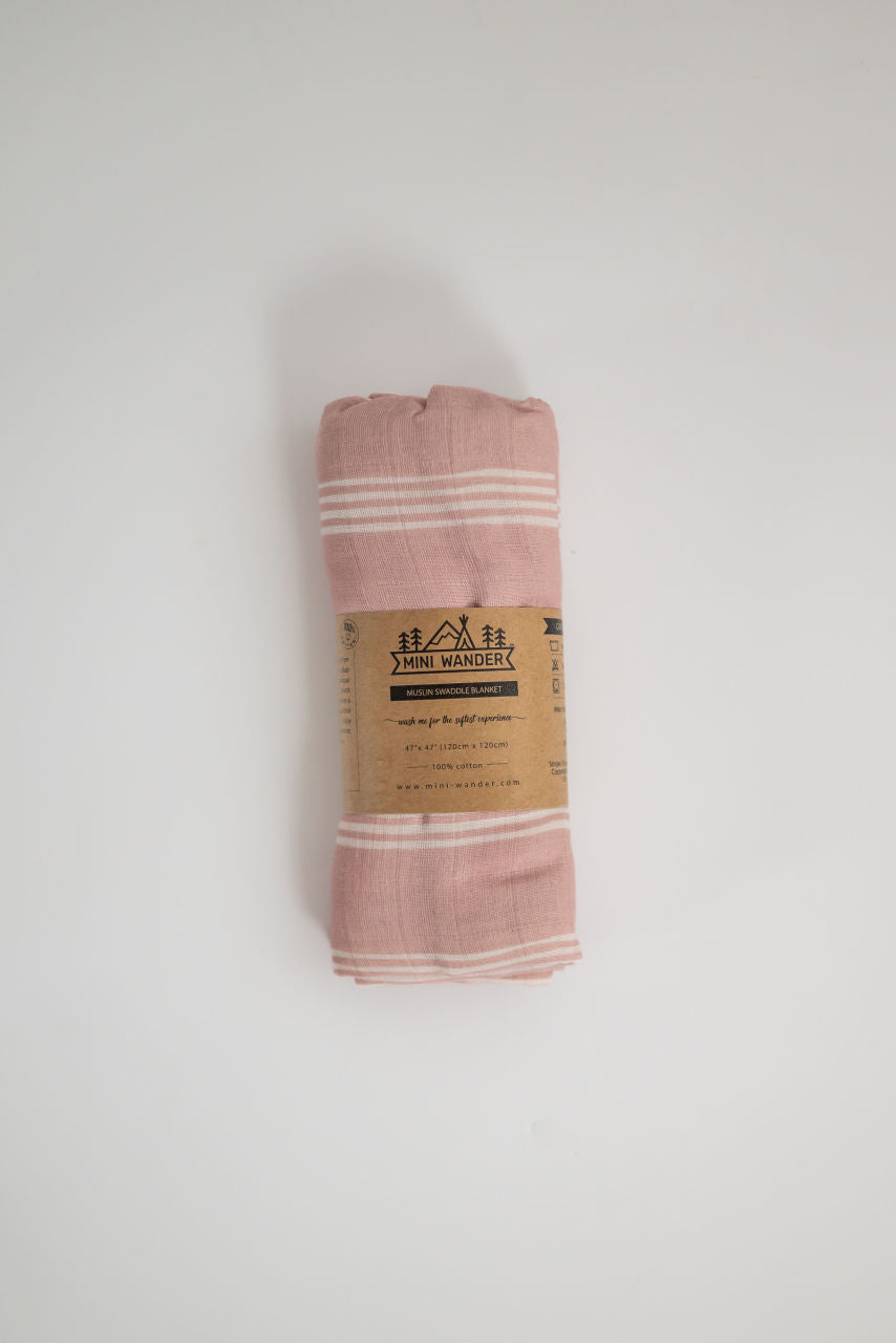 Striped Muslin Swaddle Baby Blanket in Smoke Rose