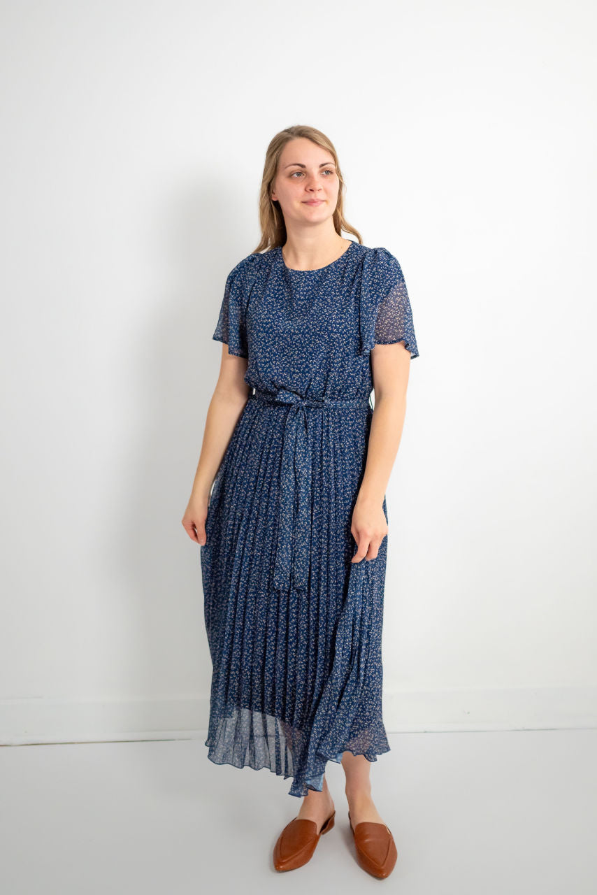 Ellison Floral Pleated Midi Dress in Navy