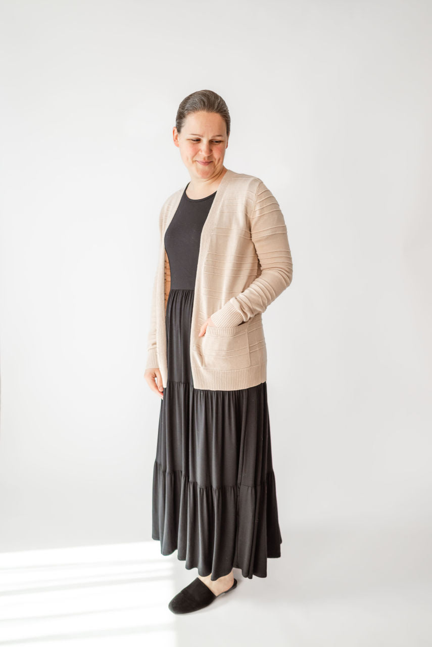 Shelby Pin-tucked Cardigan in Taupe