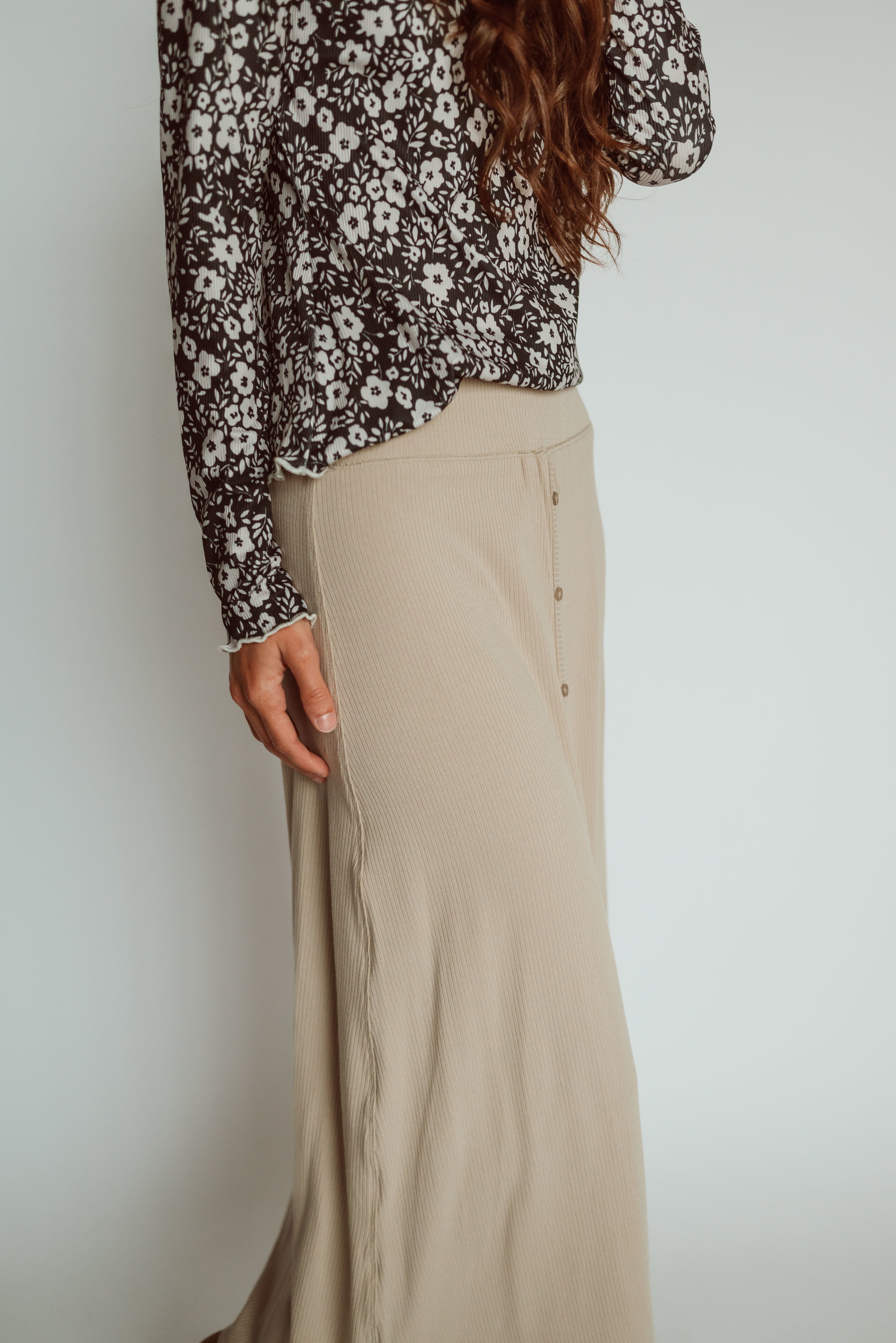 Rissa Ribbed Midi Skirt in Taupe - FINAL SALE