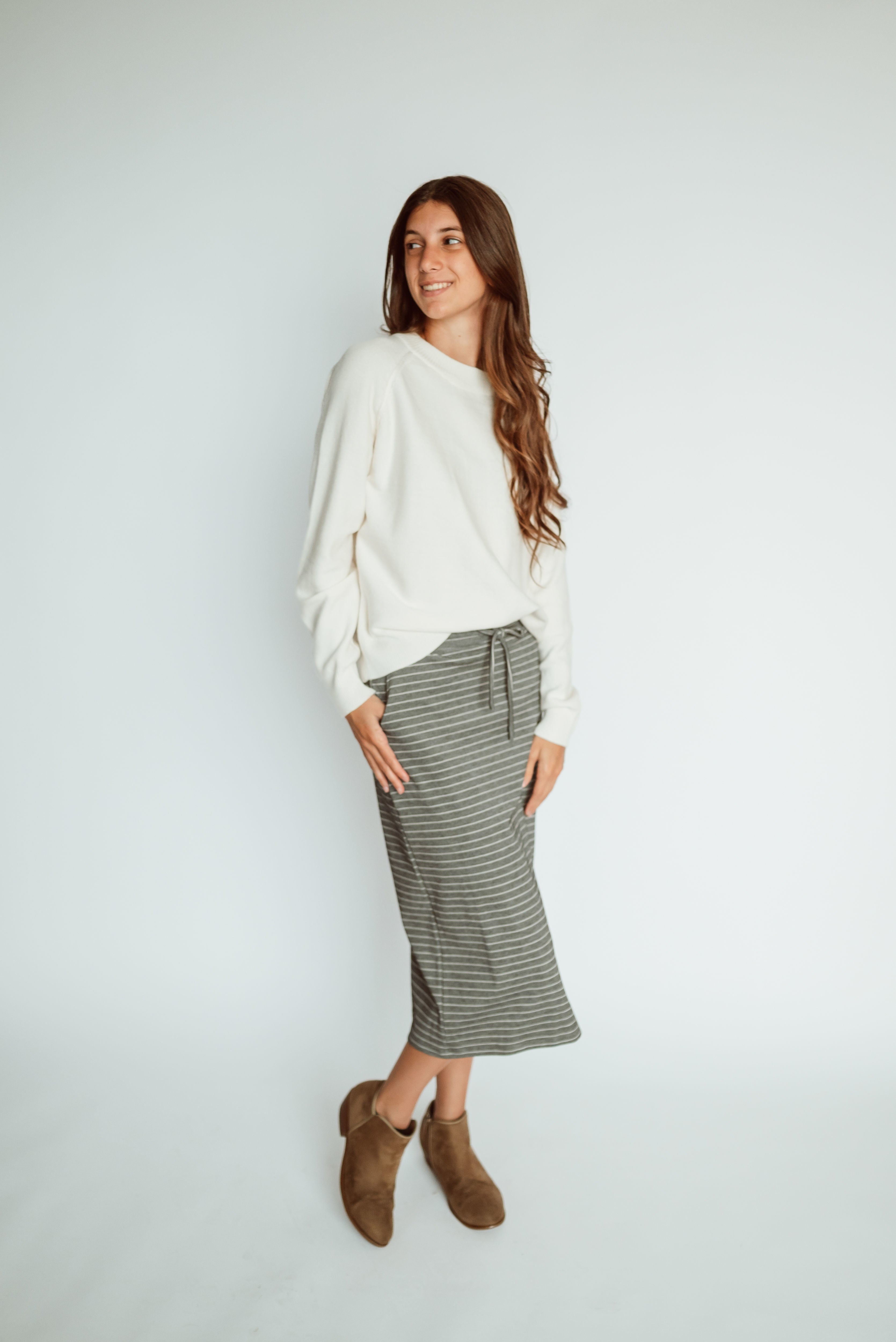 Jordan Gray Stripe Knit Midi Skirt