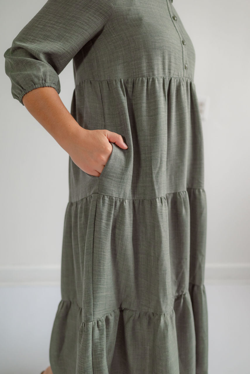 Windsor Button Midi Dress in Basil