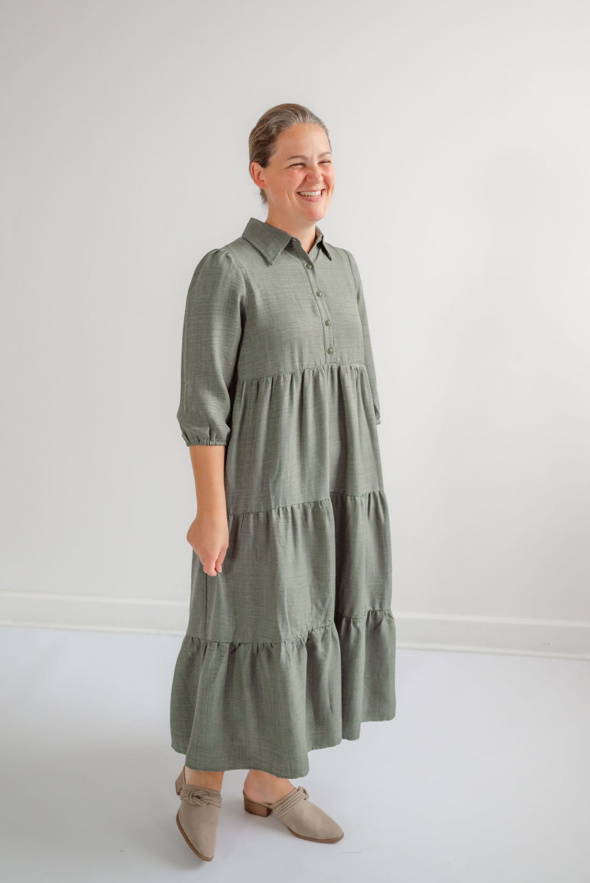 Windsor Button Midi Dress in Basil