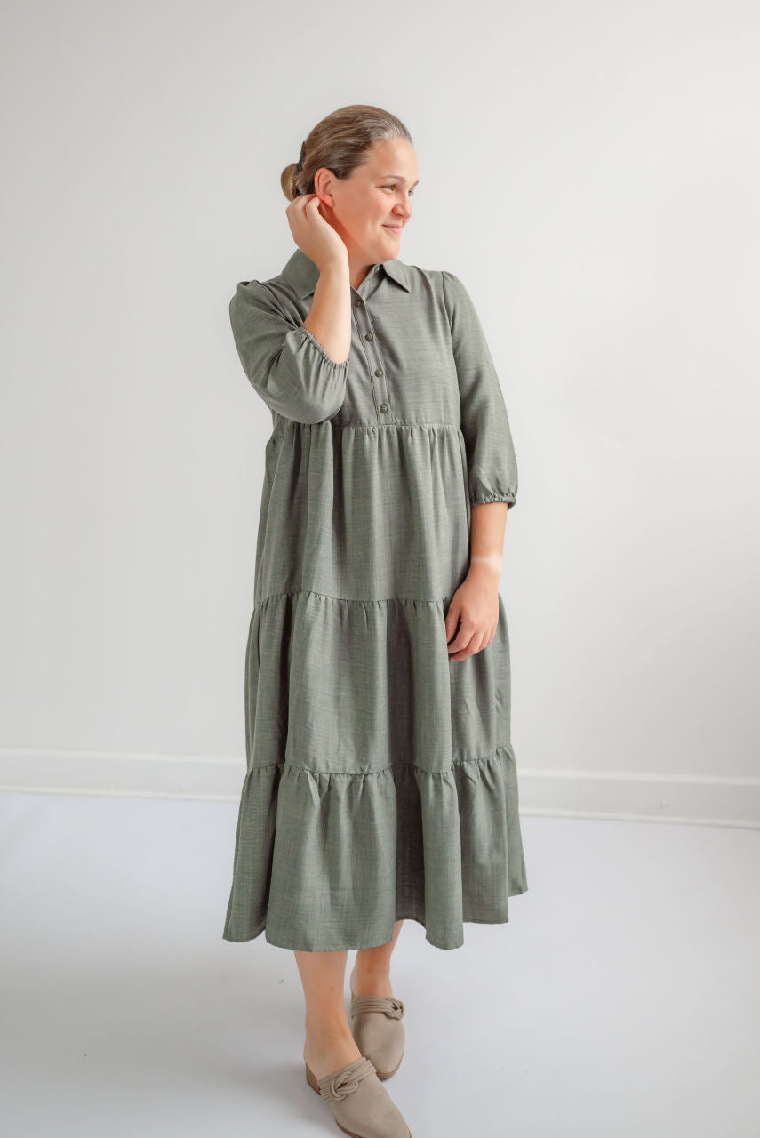 Windsor Button Midi Dress in Basil