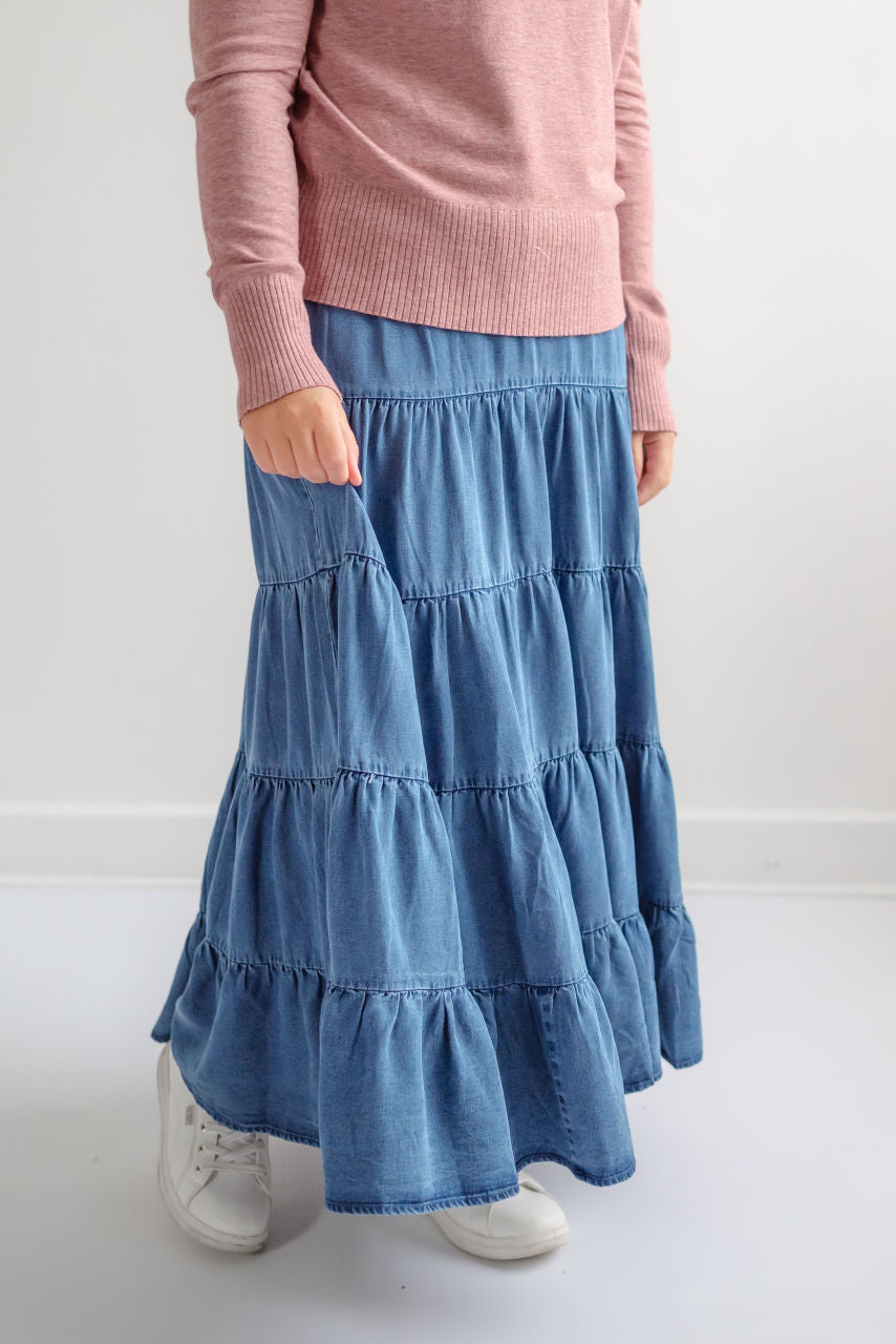 Austin Tiered Denim Skirt in Medium Wash