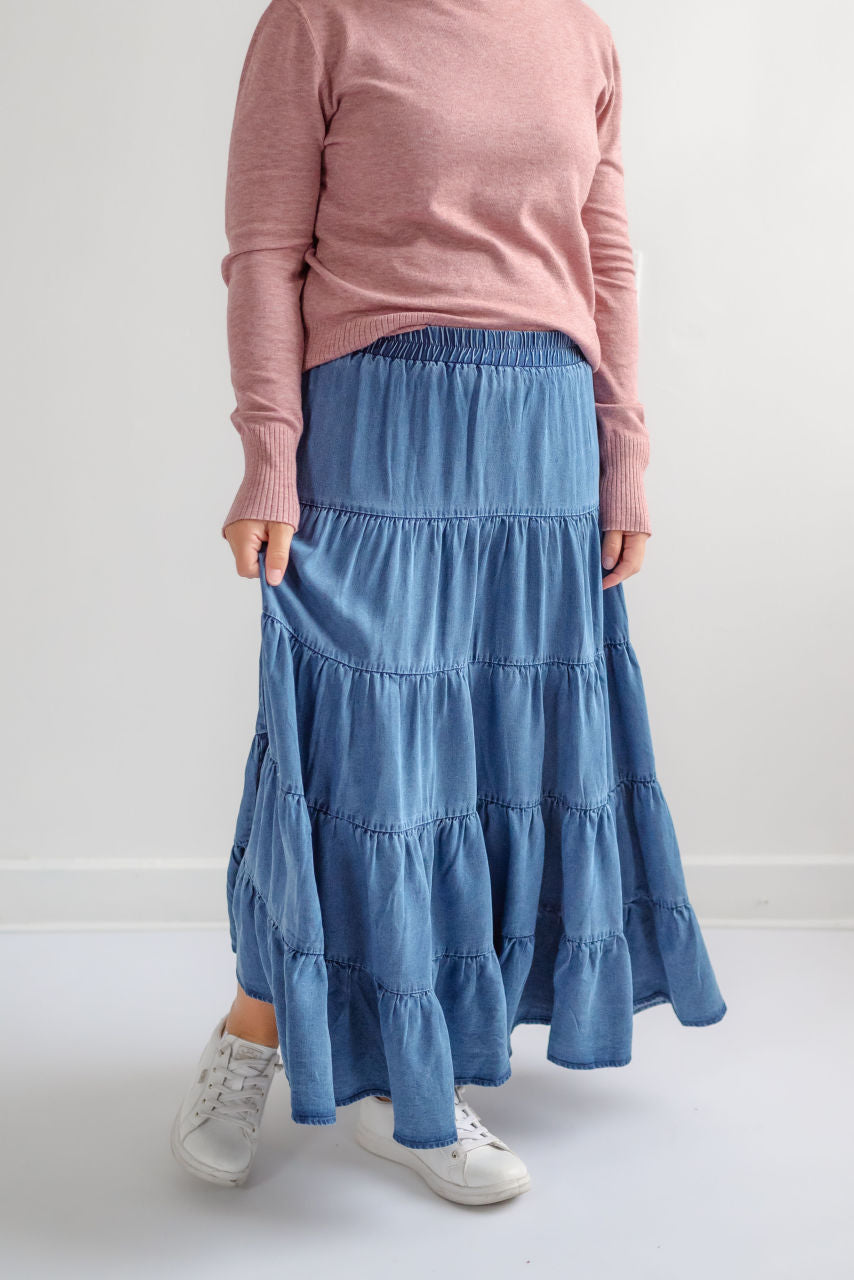 Austin Tiered Denim Skirt in Medium Wash