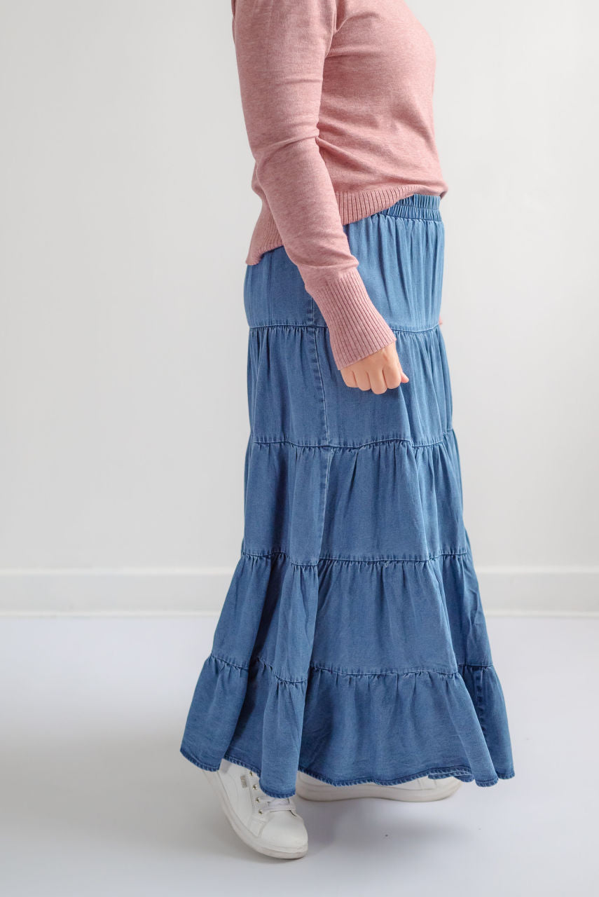 Austin Tiered Denim Skirt in Medium Wash