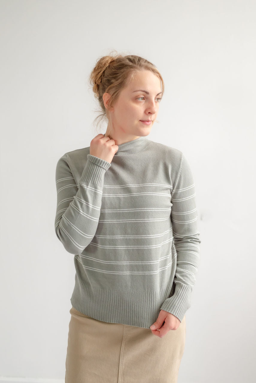 Avon Ultra Soft Mock Neck Striped Sweater in Sage