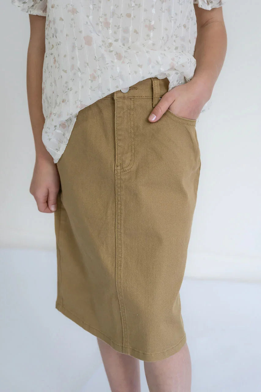 Blaire Girls Denim Skirt in Khaki - Blaire Girls Denim Skirt in Khaki - 4 - Salt and Honey