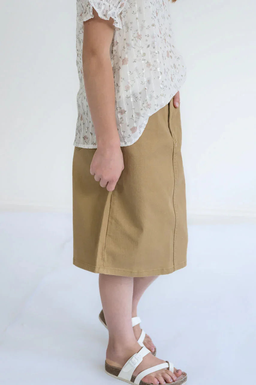 Blaire Girls Denim Skirt in Khaki - Blaire Girls Denim Skirt in Khaki - 4 - Salt and Honey