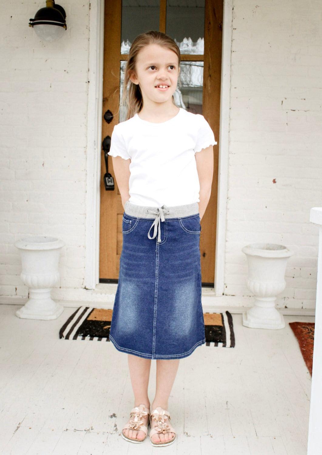 Ava' Girl Knit Denim Skirt in Dark Wash - Ava' Girl Knit Denim Skirt in Dark Wash - undefined - Salt and Honey
