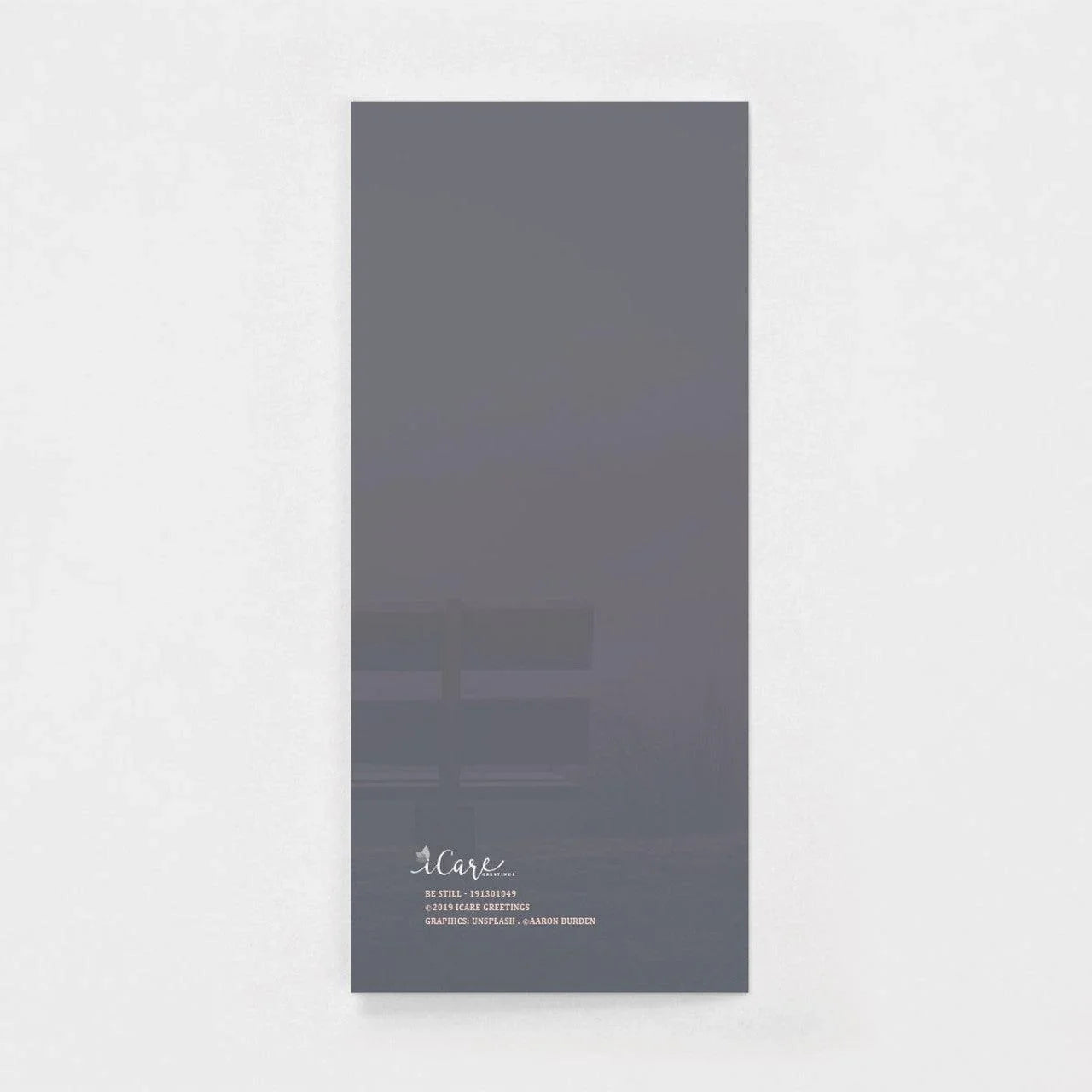 Minimalist blank greeting card with a soft gray background, iCare Greetings branding.
