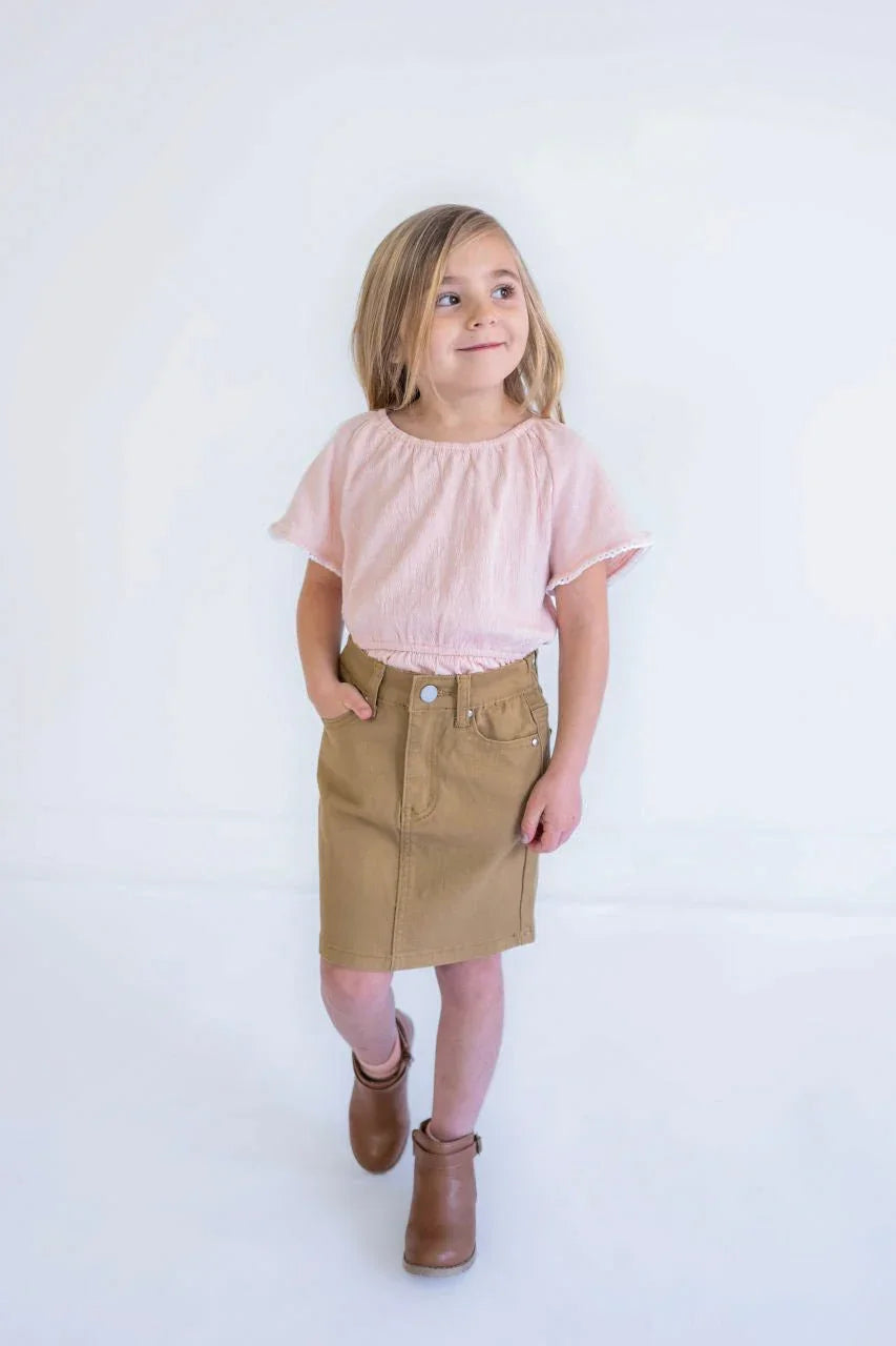 Blaire Girls Denim Skirt in Khaki - Blaire Girls Denim Skirt in Khaki - 4 - Salt and Honey