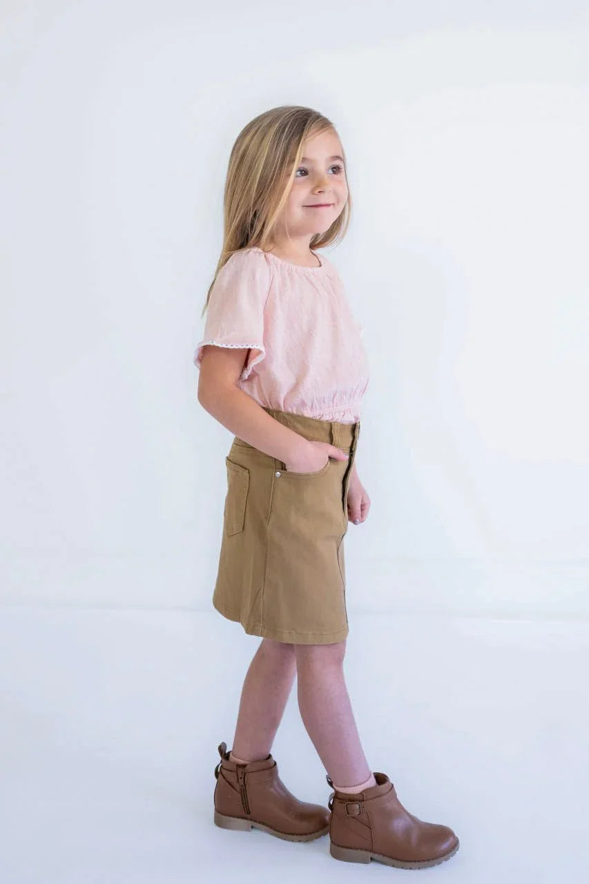 Blaire Girls Denim Skirt in Khaki - Blaire Girls Denim Skirt in Khaki - 4 - Salt and Honey